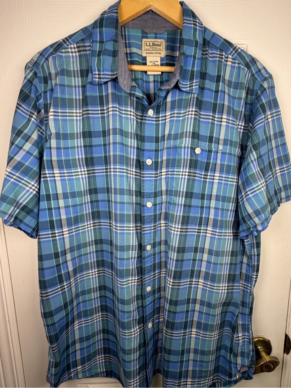 L.L.Bean Men's Blue Teal Plaid Shirt Large Regular Short Sleeve Button Down
